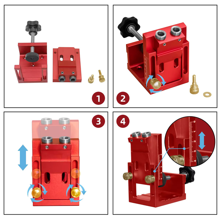 Wnew Pocket Hole Jig Kit Rot – Verstellbare Präzisions-Bohrschablone für Taschenschrauben mit 15 Grad Winkelbohr-Positionierer für Holzarbeiten - Bild 4