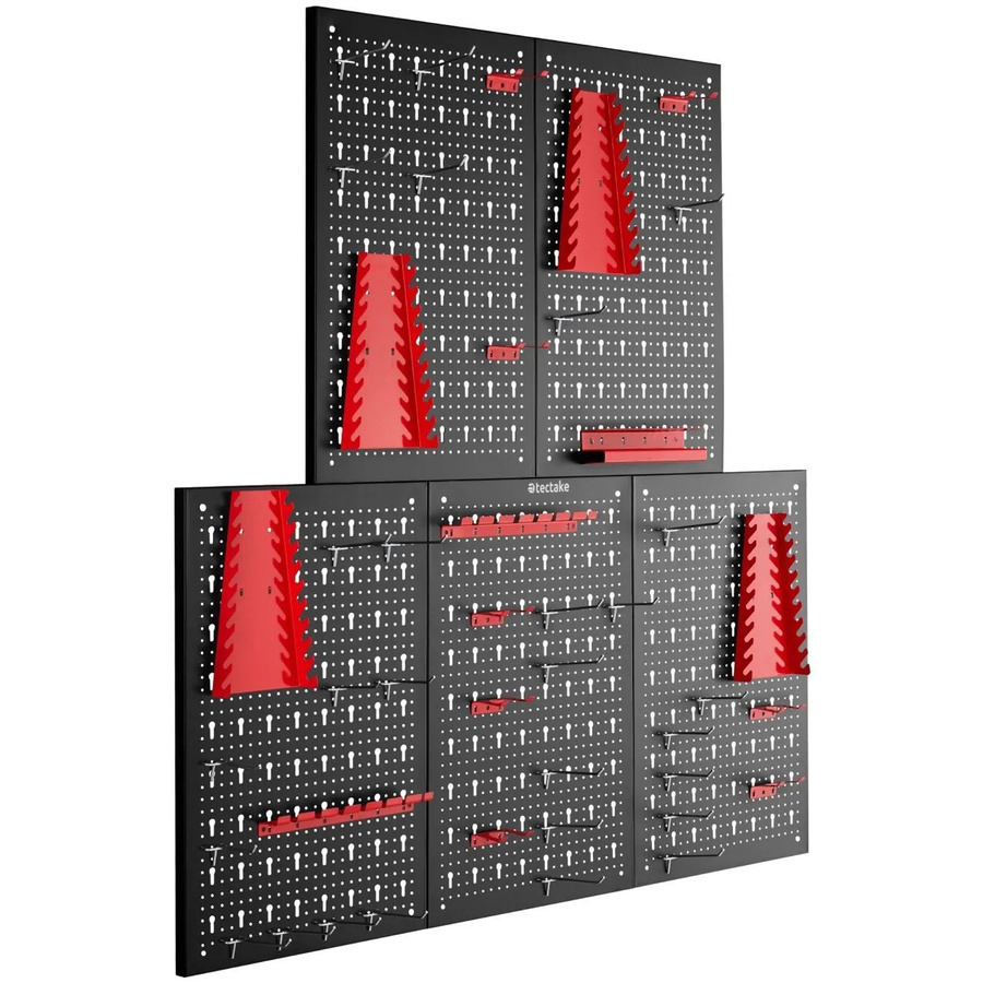 tectake Werkzeuglochwand Jonah, 5-teiliges Set aus lackiertem Stahl mit Haken und Halterungen, Schwarz Rot, B/H: 200 x 60 cm - Bild 2