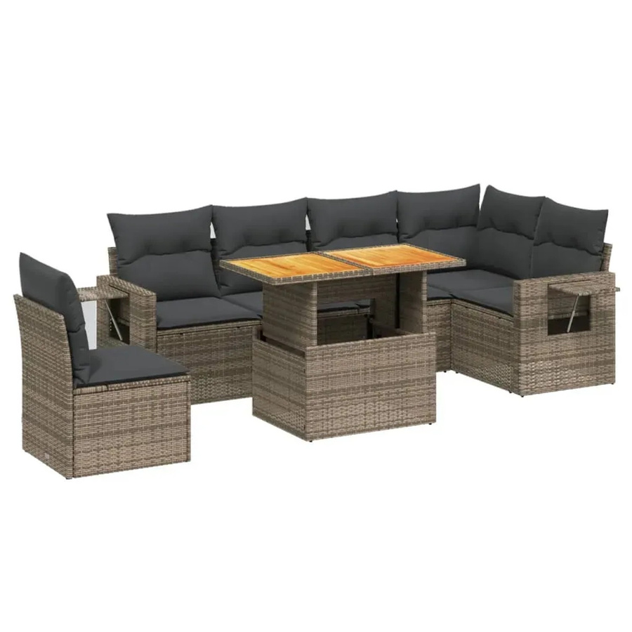 vidaXL 7-tlg Garten-Sofagarnitur in L-Form aus Poly-Rattan und Akazienholz in Grau mit Kissen - Bild 2
