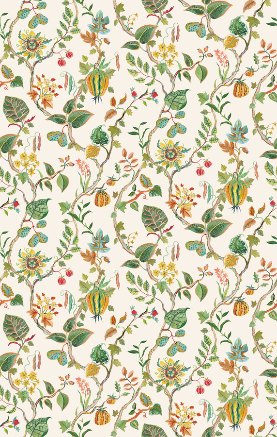 Osborne & Little Tapete Mythica in Amber mit frühlingshaftem Blumenmuster aus Vlies in Grün, Gelb und Creme - Bild 1
