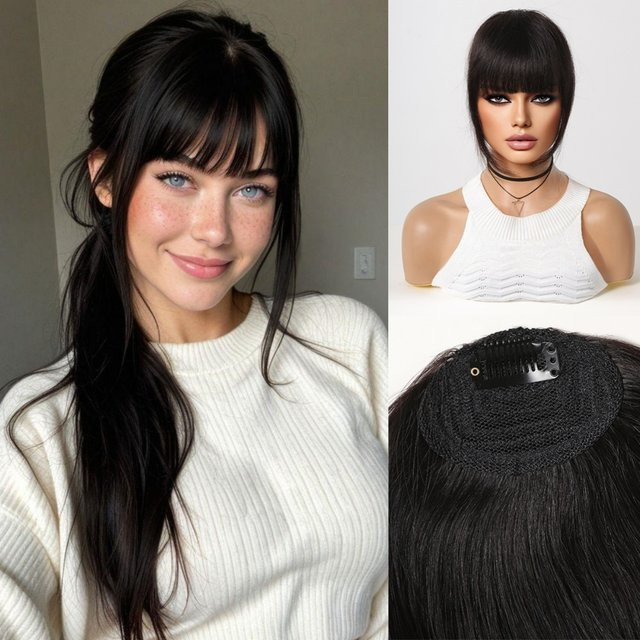 HAIRCUBE Pony-Clip aus schwarzem Echthaar, Damen - Bild 1
