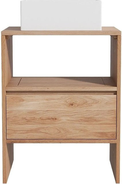 Cavizo Einzelwaschtisch aus Keramik in Weiß und Massivholz Eiche, B: 60 cm, T: 50 cm, H: 78 cm - Bild 1