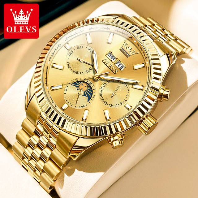OLEVS Armbanduhr Automatik, Mondphase, Doppelkalender, Gold, Edelstahl, Herren - Bild 1
