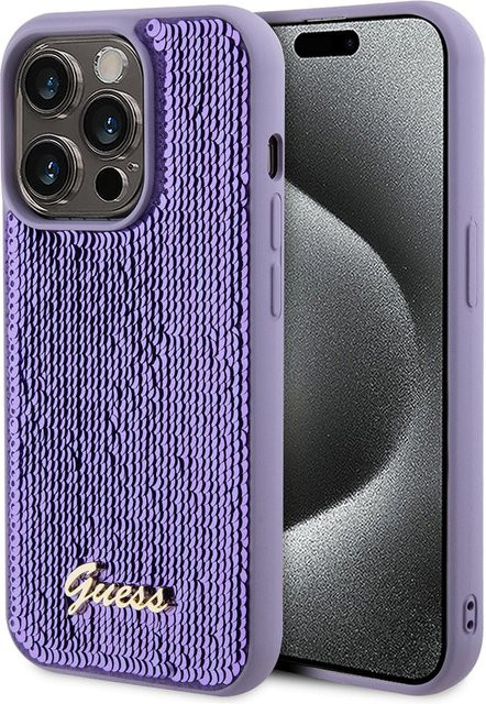 Guess Handyhülle Sequin Script Metal für Apple iPhone 15 Pro in Lila - Bild 1