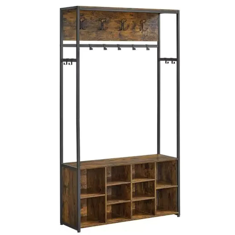 VASAGLE Garderobenständer im Industrial Design mit Schuhregal und Sitzbank, Farbe Schwarz-Braun, B/T/H: 100 x 32 x 180 cm - Bild 6