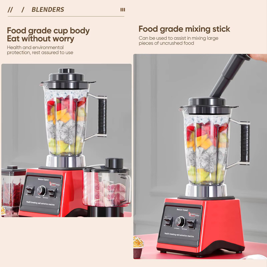 DWiusty 3-in-1 Elektrischer Mixer 9500W Hochleistungs-Großküchenmaschine für Eis, Smoothies und Säfte in Rot mit 3L, 1,5L und 0,5L Behältern - Bild 2