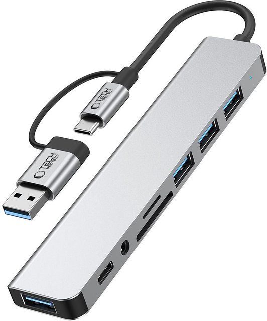 Tech-Protect USB-C Hub HB06 in Grau mit 2 x USB-A 3.0, 1 x USB-C, 3,5mm Klinkenstecker, SD und microSD Slot - Bild 1
