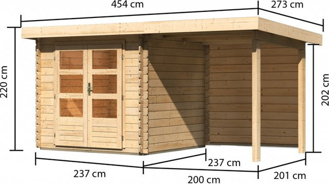 Gartenhaus Holz BASTRUP 2 in Naturbelassen mit Anbaudach und Rückwand, B/T: 237 x 237 cm, 28 mm Blockbohlen - Bild 1