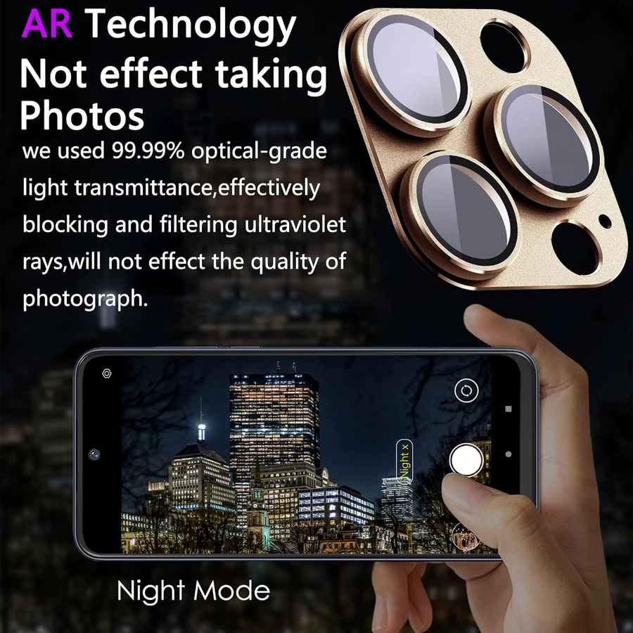 2er-Set Kamera Objektiv Schutz aus gehärtetem Glas und Metall für Apple iPhone 16E, 15 Pro Max, 14 Plus und 13 Mini in Wüstengold - Bild 2