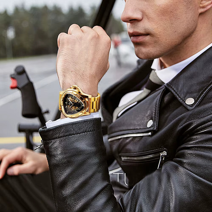 WINNER Sport Armbanduhr, Automatik, Edelstahl, Leder, Gold, Herren - Bild 5