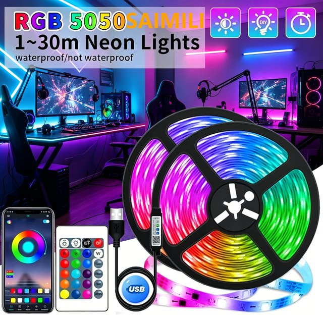 Saimili RGB LED Lichtstreifen mit Musik-Synchronisation und Fernbedienung, USB Gaming Beleuchtung für TV-Hintergrundbeleuchtung und Raumdekoration, Multicolour, Schwarz - Bild 1
