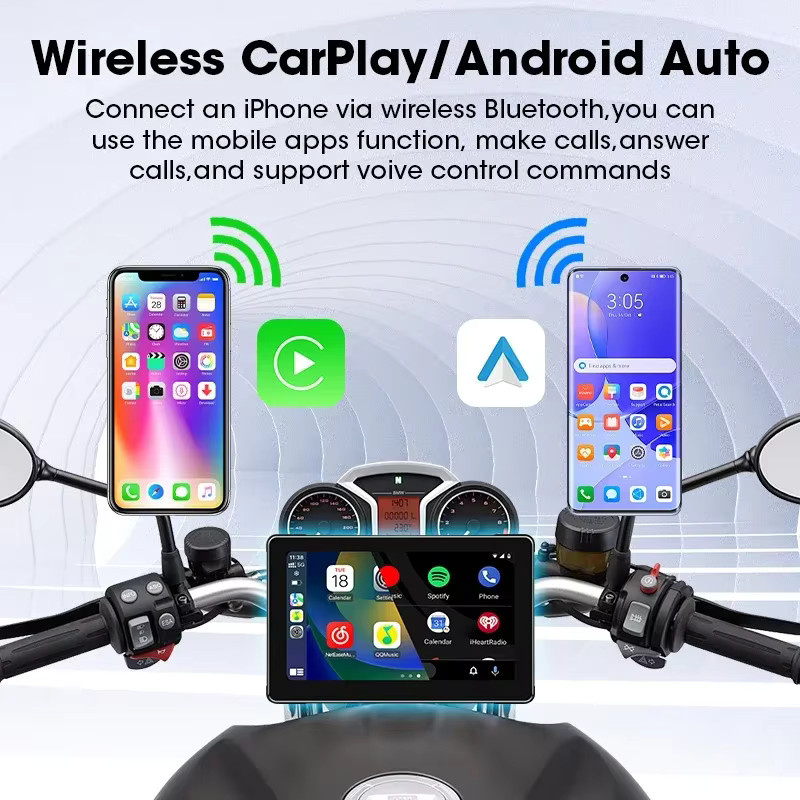 Srnubi 7 Zoll Motorrad DVR mit drahtlosem CarPlay und Android Auto, GPS Navigation und AI Sprachsteuerung, IP67 wasserdicht, Schwarz - Bild 3