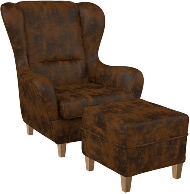 Supellex Sofia Ohrensessel mit passendem Hocker im Industrial-Stil aus Kunstleder und Microvelours in Hellbraun - Bild 1