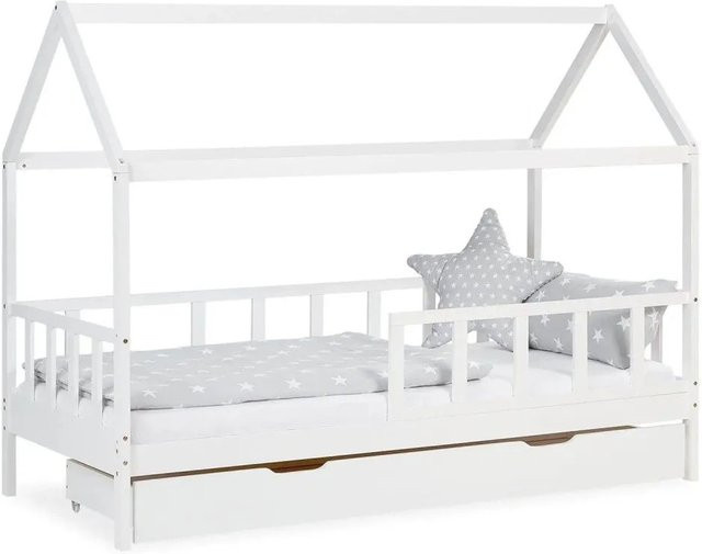 Homestyle4u Hausbett aus Kiefernholz mit Bettkasten und Schubladen in Weiß, B/T/H: 90 x 200 x 158 cm - Bild 1