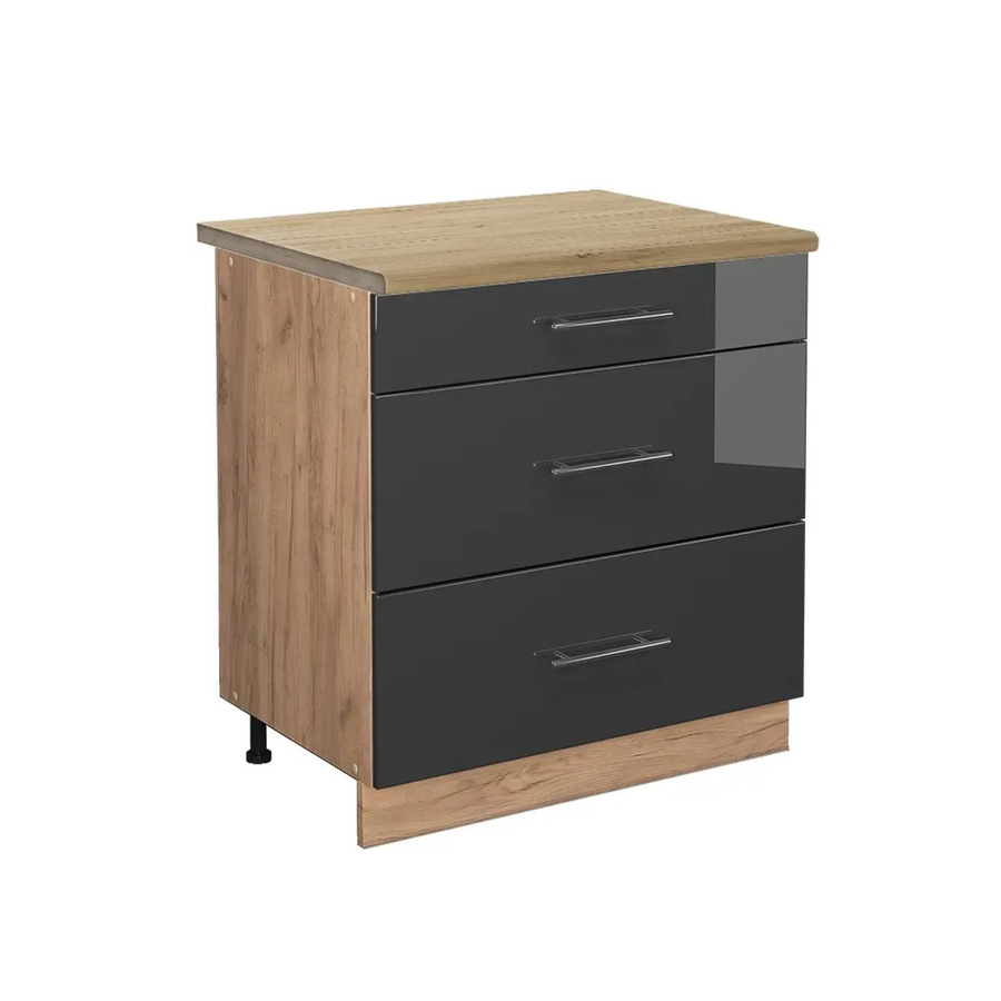 Vicco Küchenunterschrank Fame-Line in Anthrazit Hochglanz und Goldkraft Eiche mit 3 Soft-Close-Schubladen, Breite: 80 cm, Höhe: 82 cm, Tiefe: 51 cm - Bild 2