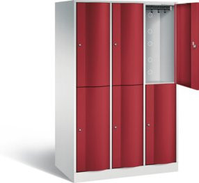 C+P Garderobenspind Resisto doppelstöckig mit 3 Abteilen und 6 Fächern, Korpus Lichtgrau, Front Rubinrot, H x B x T: 195 x 114,8 x 64 cm - Bild 1