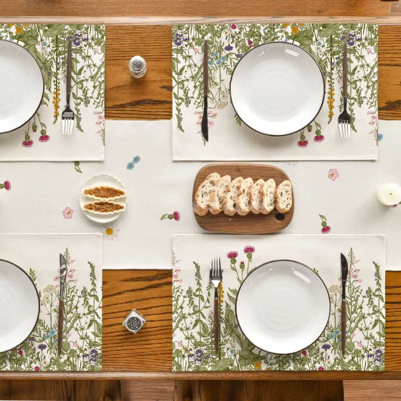 VIKAMA Sommer-Tischsets aus Leinen mit Vintage Kräuter- und Wildblumenmuster, rutschfest und hitzebeständig, mehrfarbig, rechteckig - Bild 3