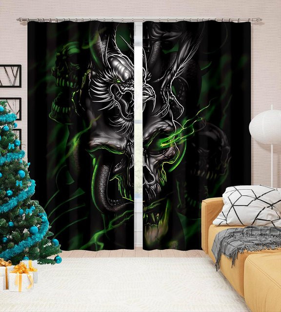 Zweiteiliges Vorhangset mit Fliegendem Drachen und Dinosaurier Motiv in Schwarz, semi-transparent, B: 50 cm, H: 130 cm - Bild 1