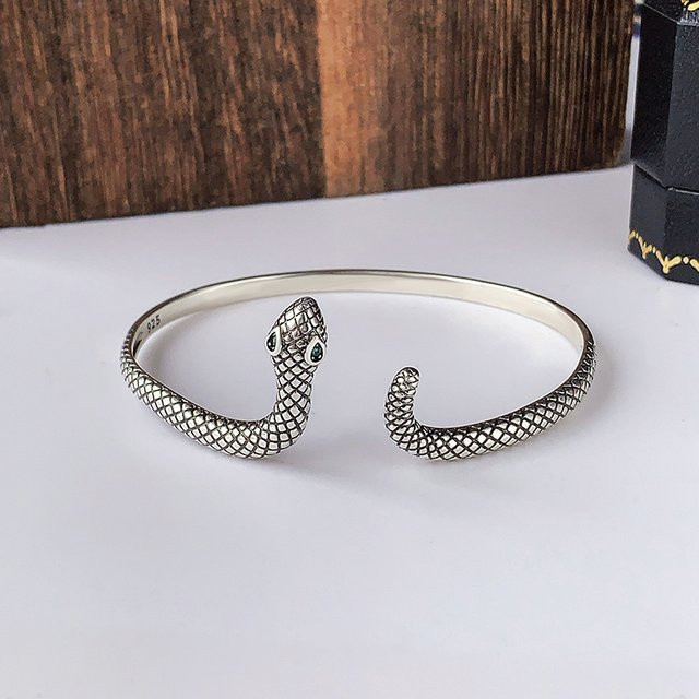 Schlangen-Armreif 925 Silber, grüne Augen, Unisex - Bild 1