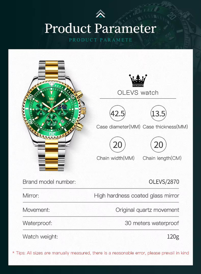 OLEVS Chronograph, Quarz, Edelstahl, Grün, Herren - Bild 5