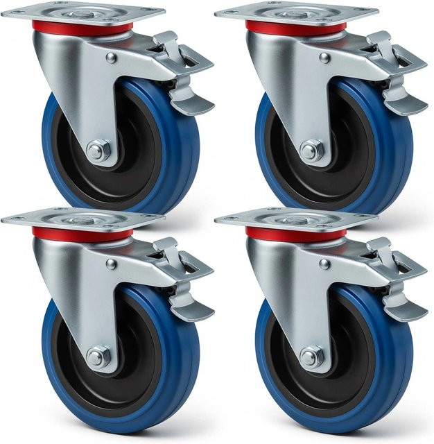 Wiltec Lenkrollen Set 4er Pack mit Bremse, Blau, Durchmesser: 125 mm, Tragkraft: 200 kg pro Rolle - Bild 1