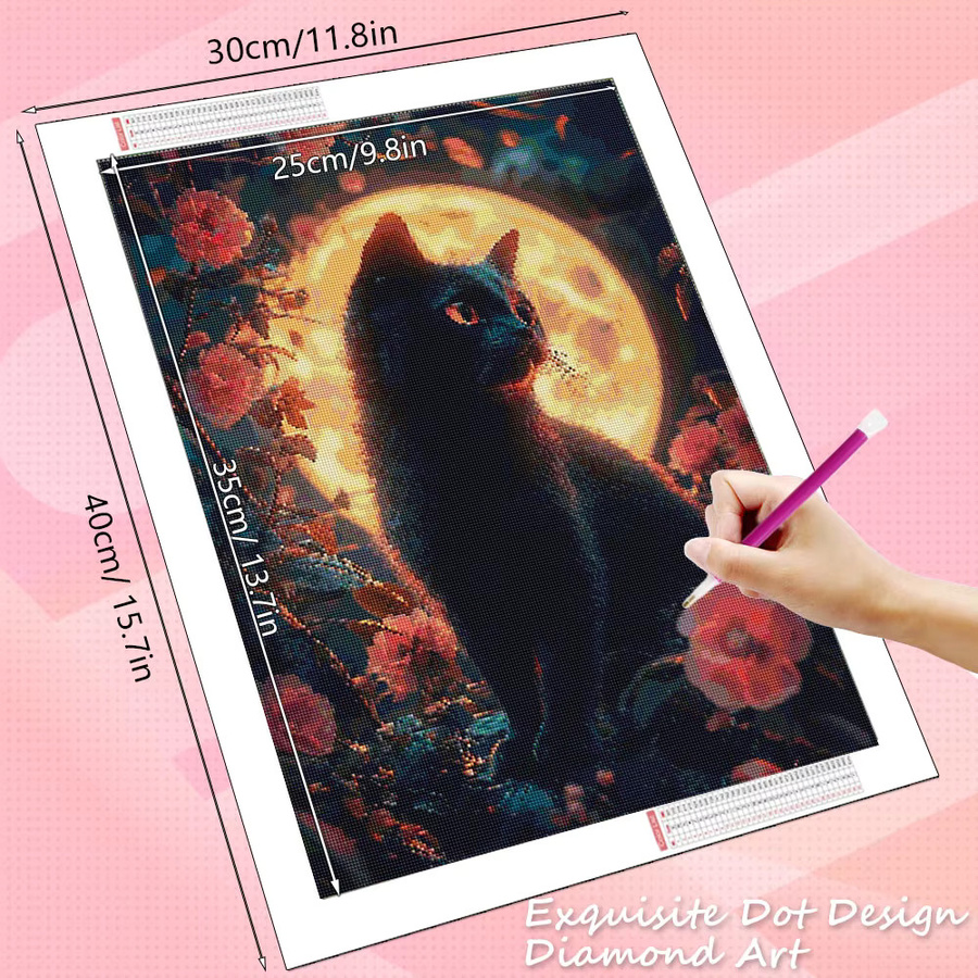 HUACAN 5D Diamantmalerei Katze und Mond Mosaik-Set mit Blumen, Multicolour, B/H: 30 x 20 cm - Bild 1