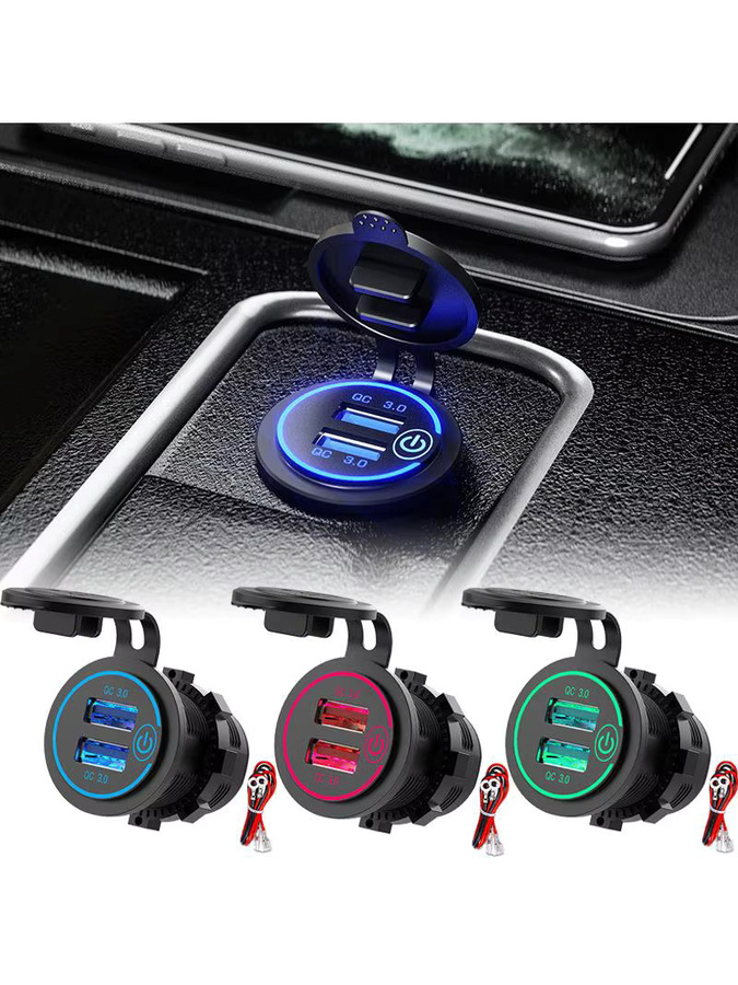Wasserdichtes Dual USB Auto Ladegerät mit QC3.0 Schnellladefunktion und berührbarem Schalter für 12/24 V in Schwarz - Bild 7