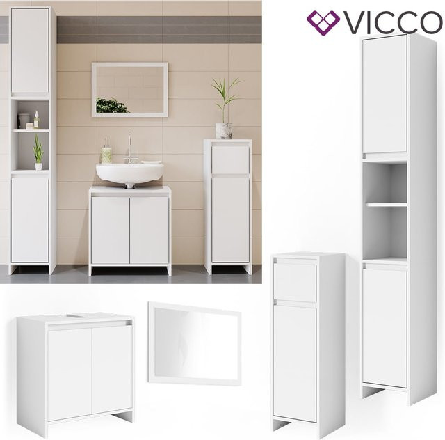 VICCO Badmöbel Set EMMA in Weiß bestehend aus 4 Teilen mit Spiegel, Waschtischunterschrank, Midi-Schrank und Hochschrank - Bild 1