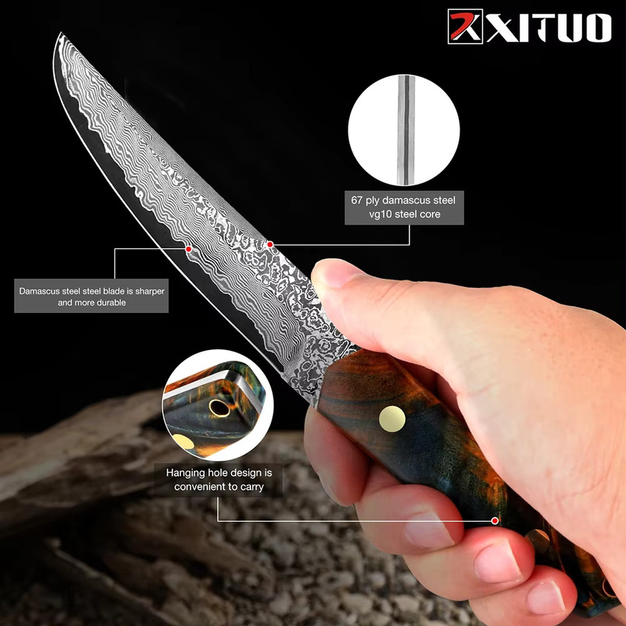Xituo Allzweckmesser aus japanischem Damaststahl mit ergonomischem Holzgriff in Multicolour, Klingenlänge: 12,7 cm - Bild 3