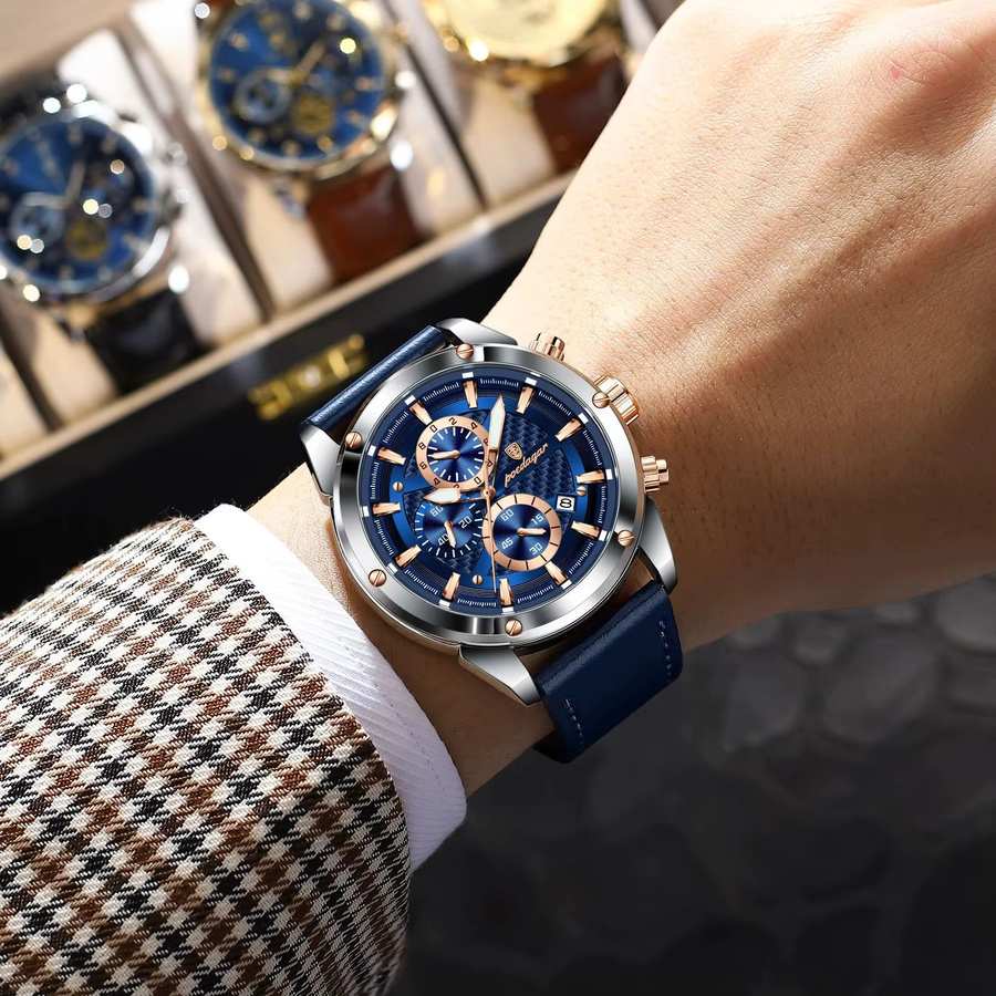 POEDAGAR Armbanduhr Chronograph, Quarz, Leder, Herren, Blau - Bild 6