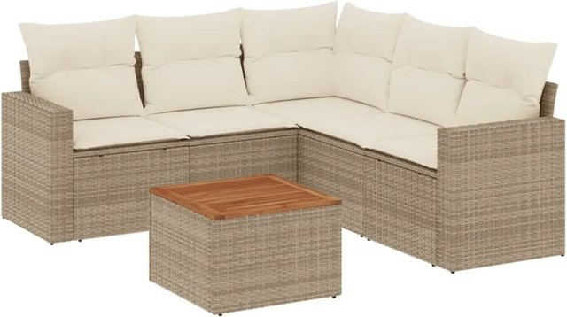 vidaXL 6-teilige Garten-Sofagarnitur aus Poly-Rattan und Akazienholz in Beige und Cremeweiß - Bild 1