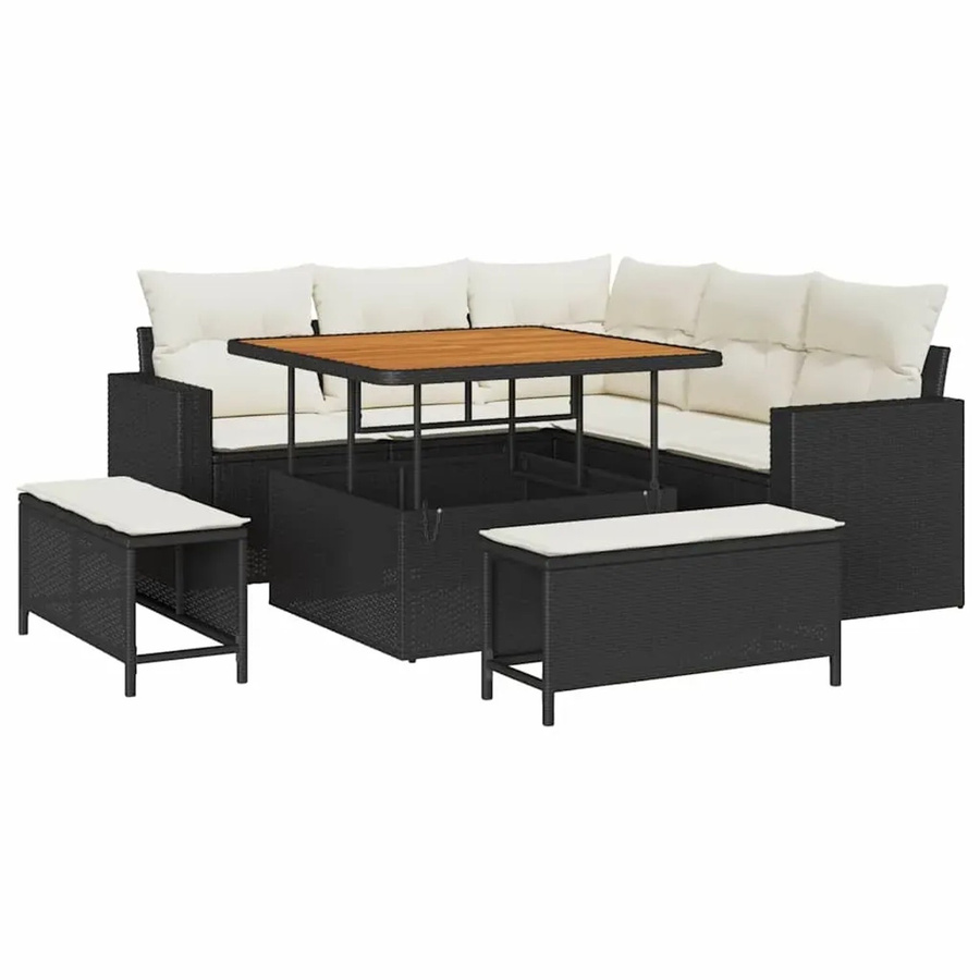 vidaXL Garten-Sofa-Set 8-teilig aus Polyrattan in Schwarz mit beigefarbenen Polstern und L-Form für Terrasse und Garten - Bild 2