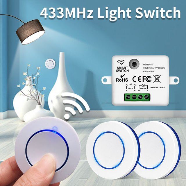 GGBEE RF 433 MHz Drahtloser Lichtschalter mit rundem Wandpaneel und Fernbedienung für LED-Lampen, 220 V, 10 A Relaisempfänger - Bild 1