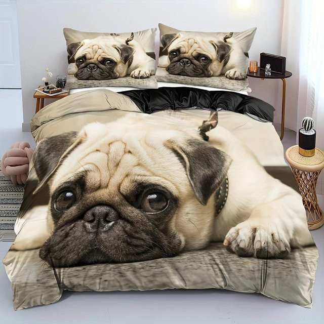 Bettwäsche-Set mit Mops-Print von Binchi Outdoor Product, Farbe Beige, Material Polyester, B/H: 140 x 210 cm - Bild 1
