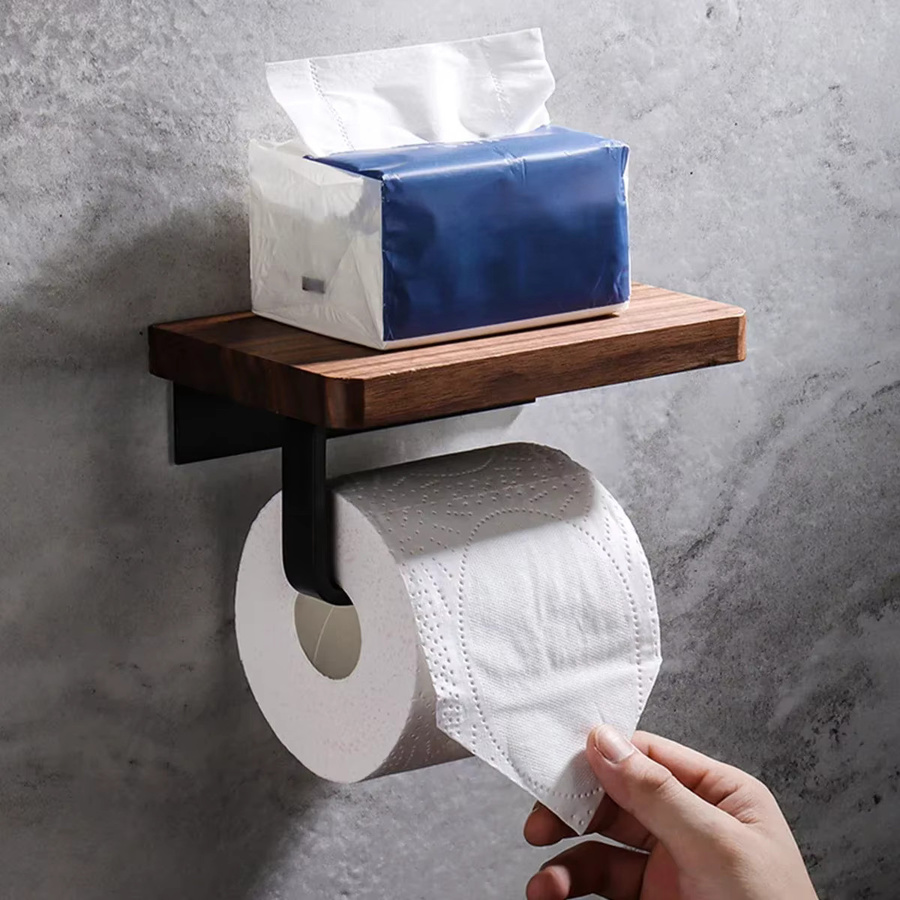 Wandmontierter Toilettenpapierhalter mit Regal aus Walnussholz und Edelstahl 304 in Braun - Bild 2