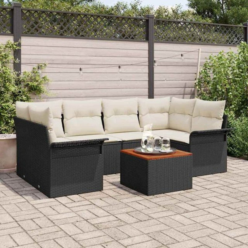 Vidaxl Garten-Sofa-Set aus Polyrattan mit 7-teiligen Kissen in Schwarz und Creme, B/T/H: 55 x 55 x 37 cm - Bild 1