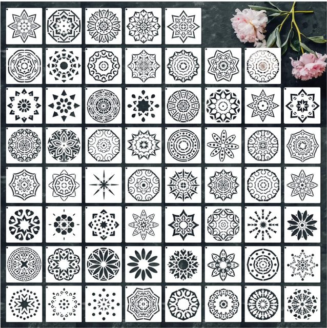 60 wiederverwendbare Mandala-Vorlagen für Punktmalerei in Multicolour, Durchmesser: 7,6 cm, Kunst-Farbvorlagen für Erwachsene und Kinder zum Bemalen von Stein, Stoff, Acryl und Möbeln - Bild 1