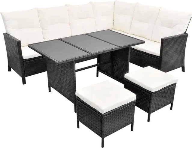 Furnicato 4-tlg Gartenlounge-Set aus Poly Rattan mit Auflagen und Glastisch in Schwarz - Bild 1