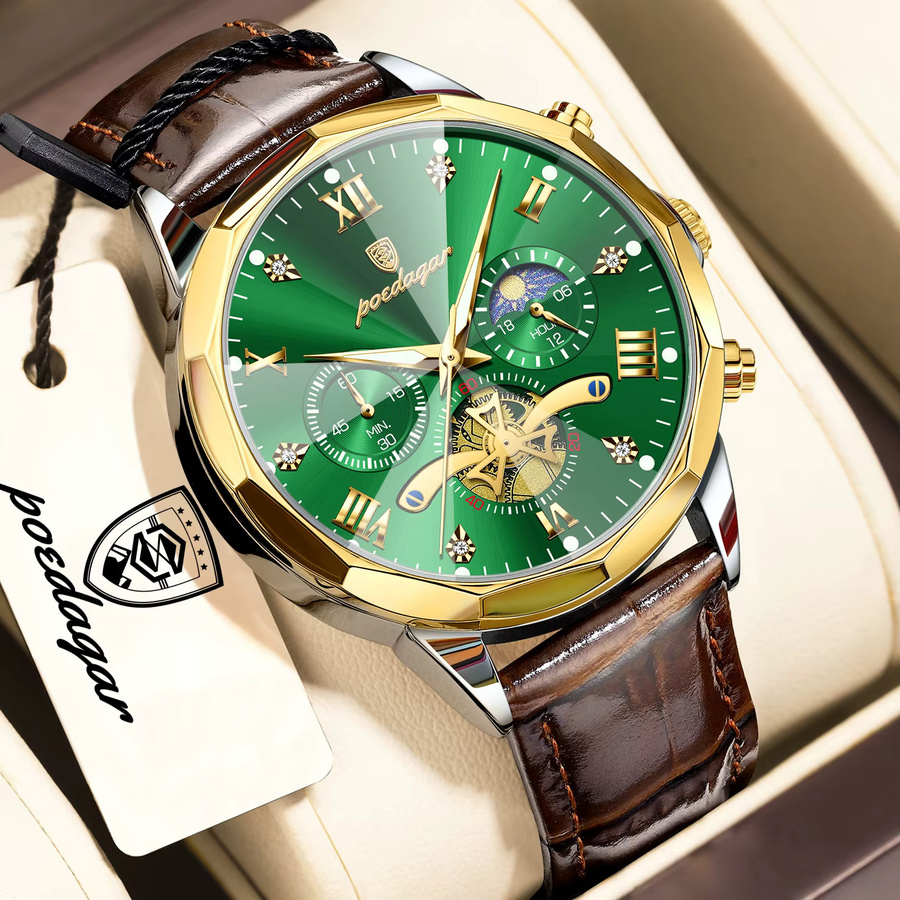 POEDAGAR Chronograph Armbanduhr, Quarz, Leder, Silber, Herren - Bild 2