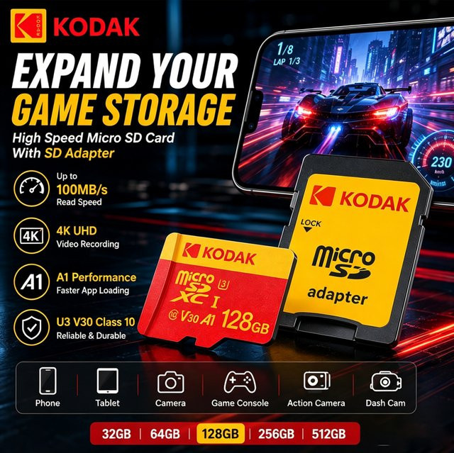 Kodak Red Dark Power Micro SD-Karte mit SD-Adapter für Gaming, Kamera, Drohne und Dashcam - Bild 1