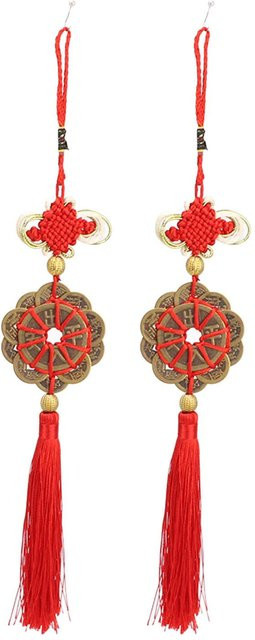 2 Stück GoolRC Feng Shui Dekoration aus Messing und Textil mit Chinesischem Knoten und Glücksmünze in Braun und Rot - Bild 1