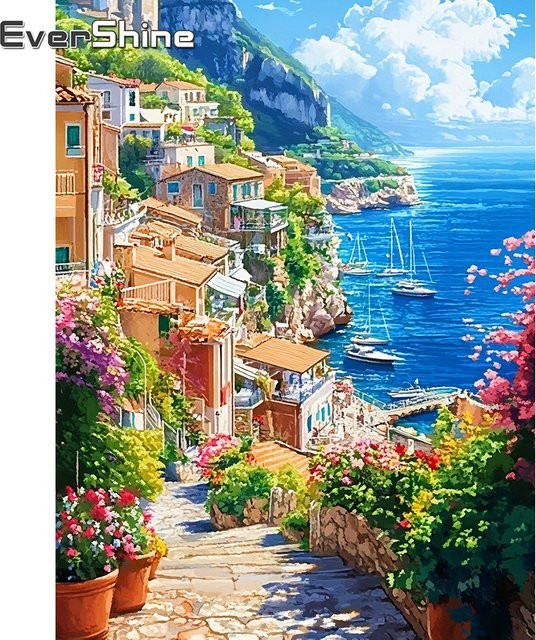 EverShine Diamantstickerei Mosaik Bild mit Blumen und mediterraner Landschaft, Wanddeko in Multicolour, B/H: 30 x 30 cm - Bild 1