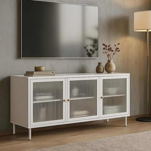 MCW TV-Rack O87 Lowboard im Industrial Look aus Metall mit Schilfglas in Weiß, B/T/H: 120 x 40 x 58 cm - Bild 1