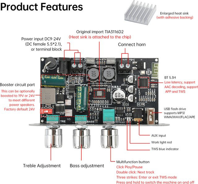 diymore ZK-1001U 100W Bluetooth Mono-Verstärkerplatine TPA3116D2 Modul in Schwarz mit DC 5.5x2.1mm Buchsenanschluss - Bild 1