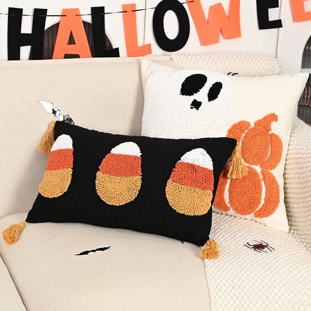 BUYNOW Halloween Kissenbezug aus Samt mit dreidimensionalem Geistenei Design in Schwarz für dein Wohnzimmer oder Sofa - Bild 1