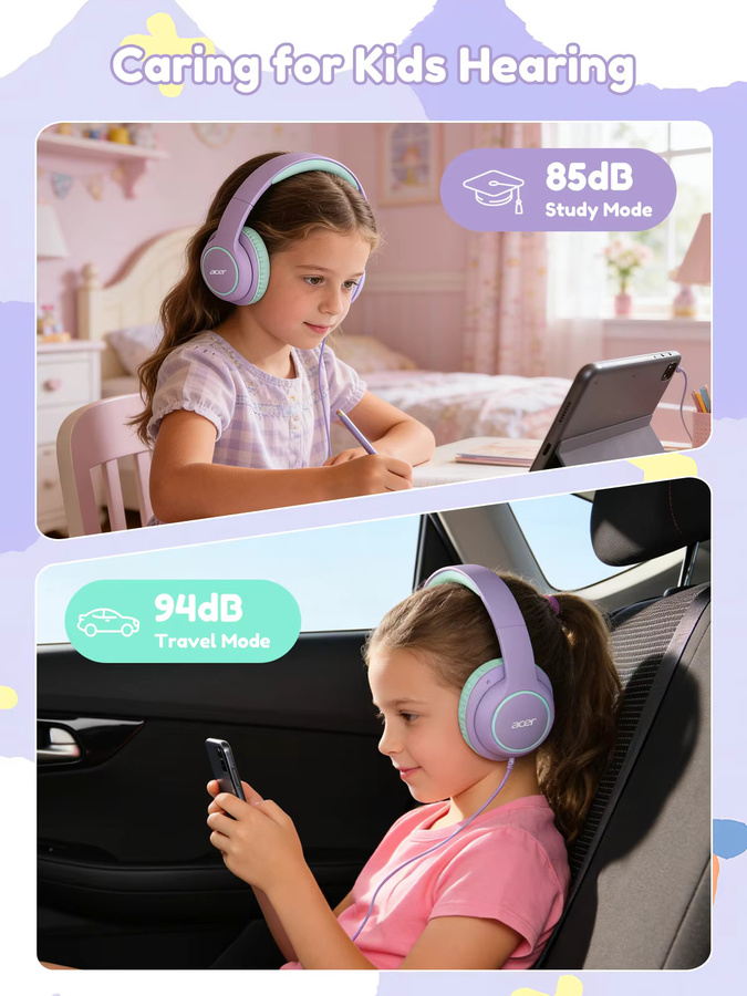 Acer OHW328 Kinderkopfhörer Over-Ear mit sicherem Lautstärkebegrenzer 85/94dB, kabelgebunden mit 3,5mm Klinke, faltbar, Multicolour - Bild 4