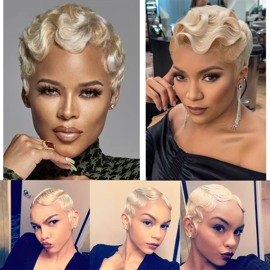 OYM HAIR Blonde Fingerwellen-Perücke, kurze Echthaar-Perücke, Damen - Bild 4