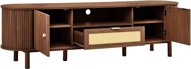 okwish TV Schrank in Braun mit Rattan Schubladen, offenen Fächern und Metallbeinen, B/T/H: 175 x 36 x 51 cm - Bild 1