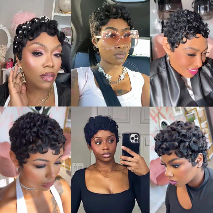 UVEOUS Pixie-Cut-Perücke, Echthaar, kurz, lockig, schwarz, Damen - Bild 5