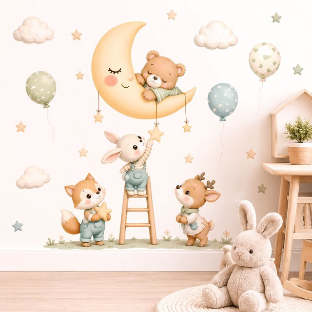 Kingsmile Waldtier Wandaufkleber mit Aquarell-Sternen, Wolken und Ballons in Mehrfarbig für das Kinderzimmer - Bild 1